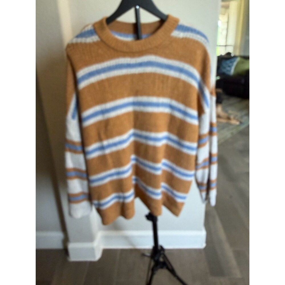 American Eagle Outfitters Camel, Blue & White Striped Crewneck Sweater L